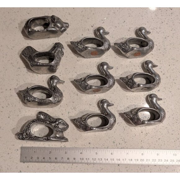 Vintage Shafford Pewter Animal Napkin Rings Set 10 Ducks Rabbit Hen Pig - Picture 12 of 16